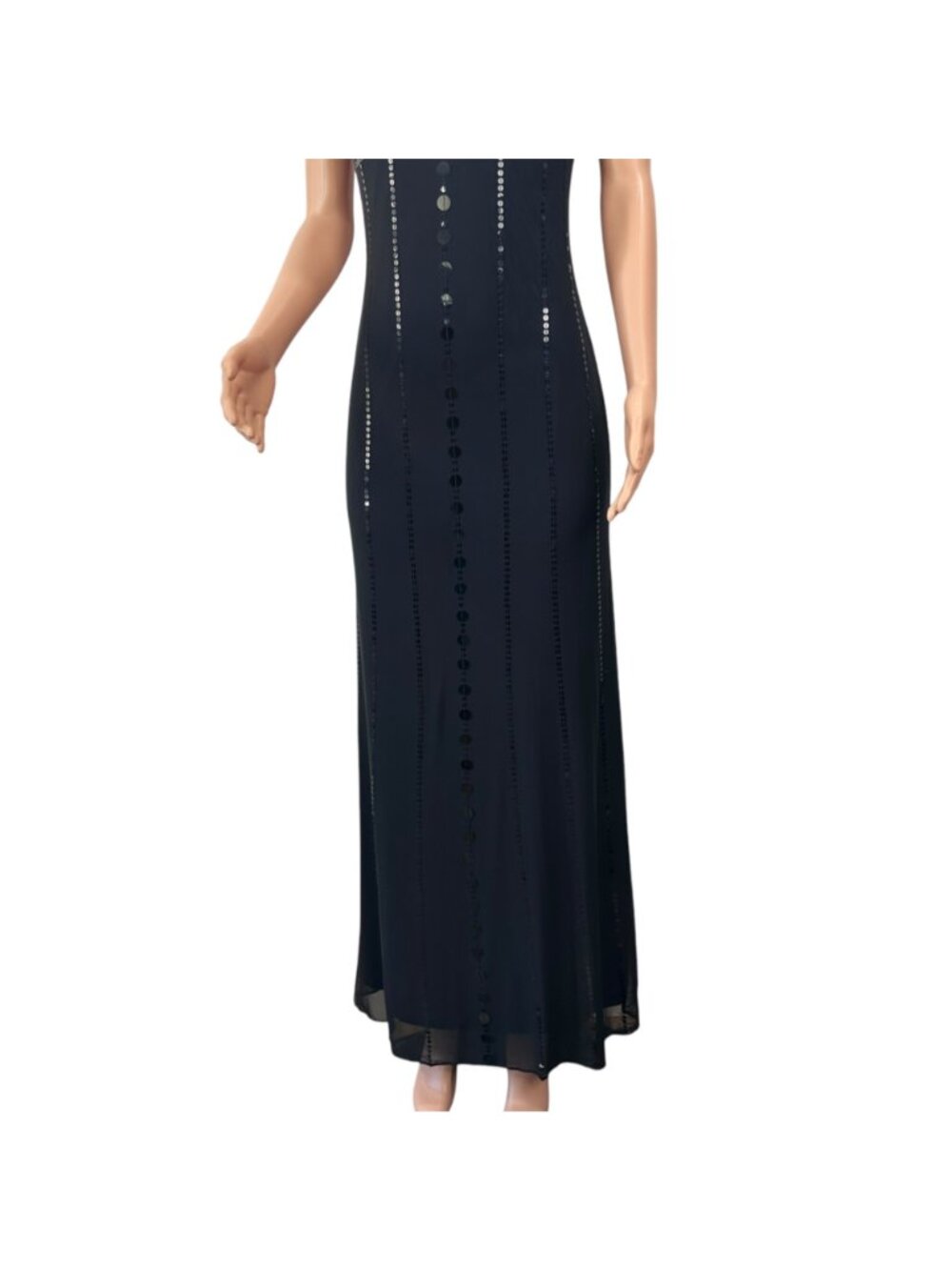 RIMINI By Shaw Vintage Black Sequined Spaghetti Strap Maxi Dress 6 Purple Lined - Picture 7 of 14